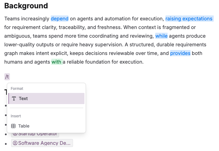 Editor with blocks, slash commands, and mentions